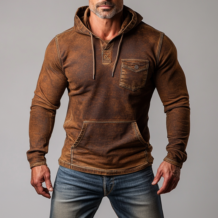Men's Denim Chest Pocket Kangaroo Pocket Long Sleeve Hoodie