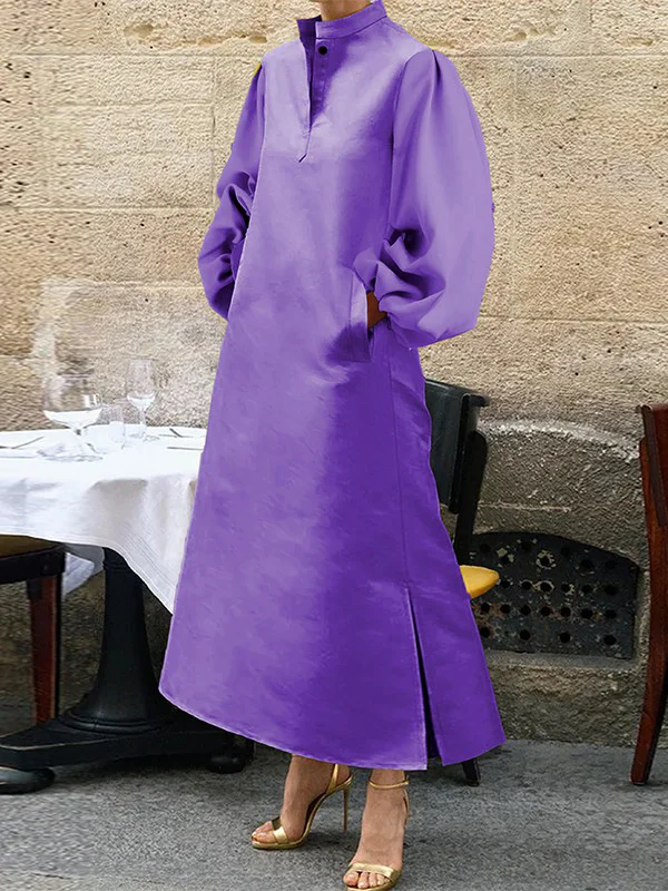 A-Line Long Sleeves Buttoned Pleated Pockets Solid Color Split-Side Stand Collar Midi Dresses