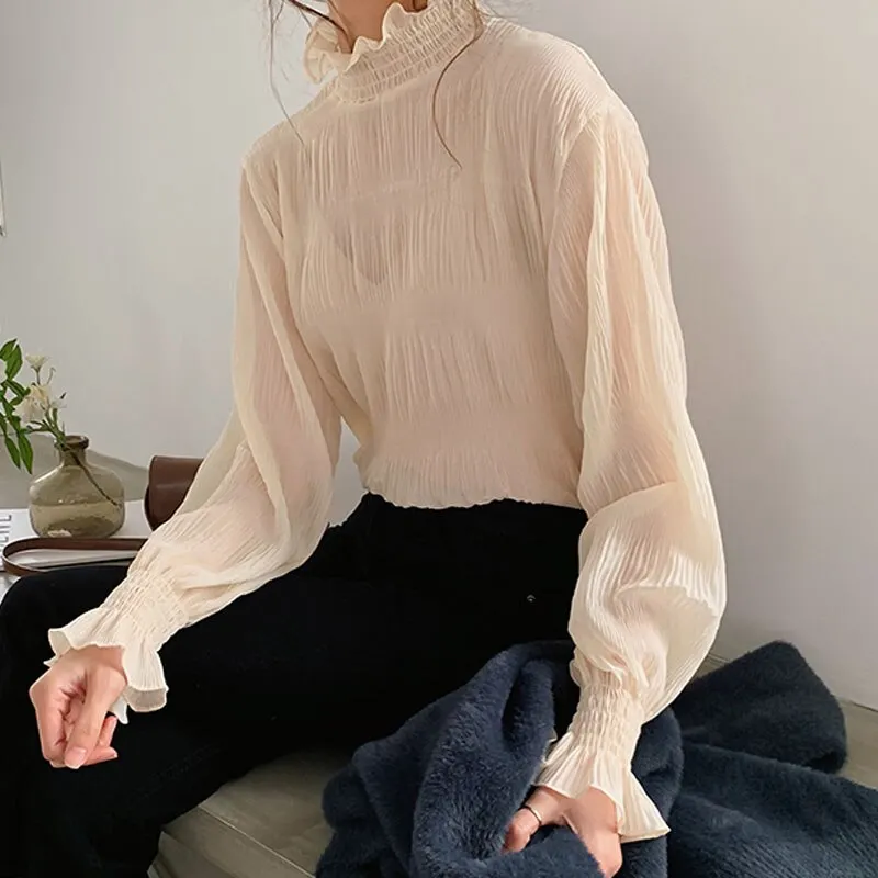 2021 Spring New Pleated Women Shirts Fashion Office Lady Chiffon Blouse Women Stand Collar Flare Sleeve Solid Female Tops 9542