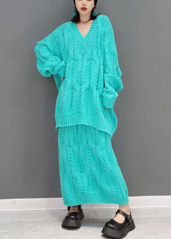 Unique Blue V Neck Cable Knit tops A Line skirts Two-Piece Set Autumn