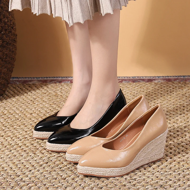 Wongn Wongn And Autumn New Fashion Slope With Shallow Single Shoes Female Platform High Heel Grass Hemp Rope Bottom