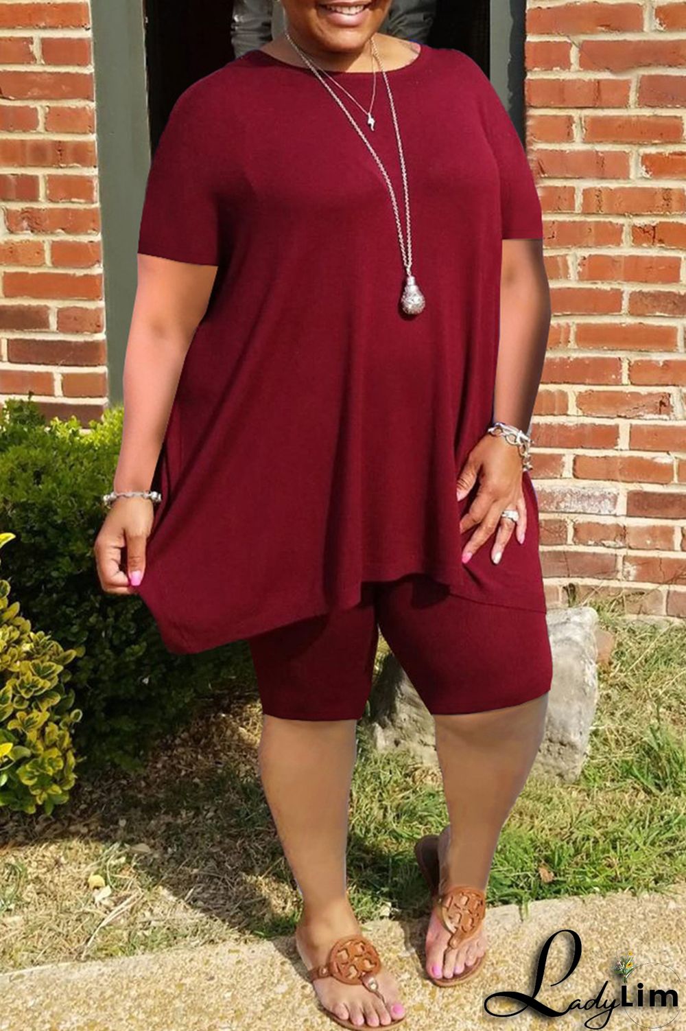 Grey Fashion Casual Solid Basic O Neck Plus Size Two Pieces