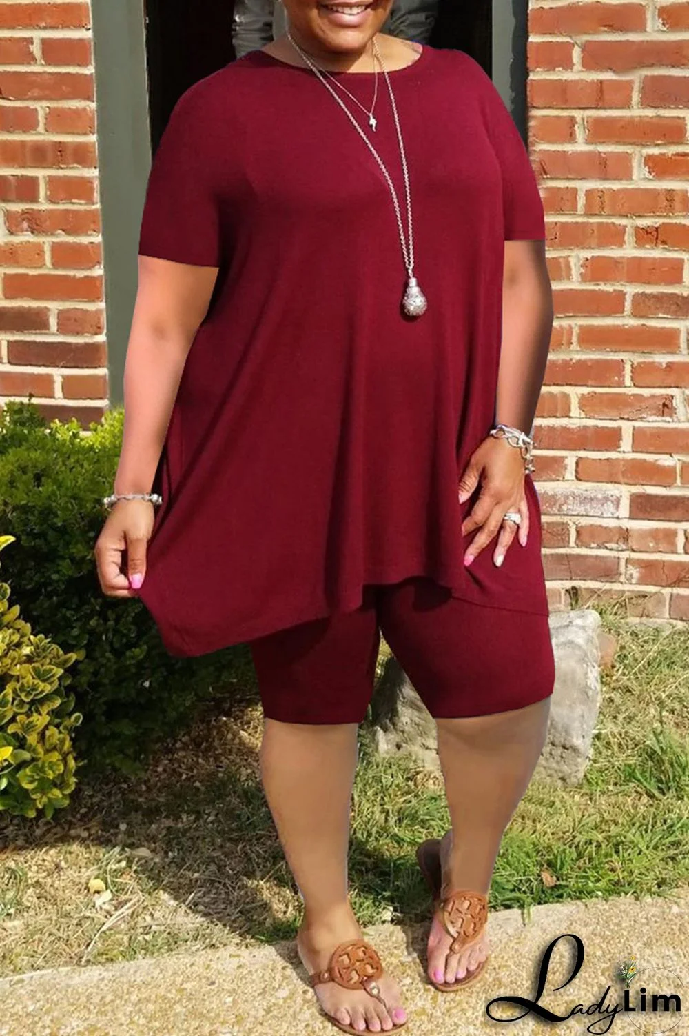 Grey Fashion Casual Solid Basic O Neck Plus Size Two Pieces