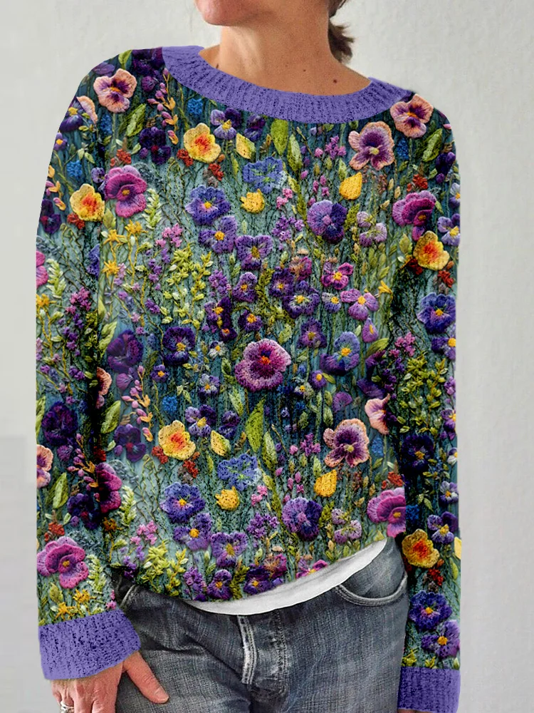 Violet Wildflower Embroidery Art Crew Neck Cozy Sweater