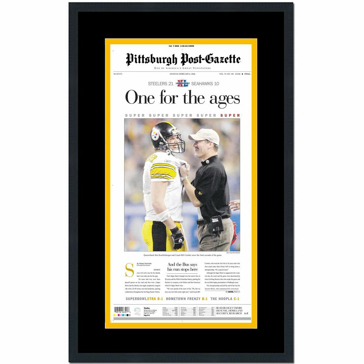 Framed Pittsburgh Post-Gazette Steelers Super Bowl XL Newspaper 17x27 Photo Poster painting V1