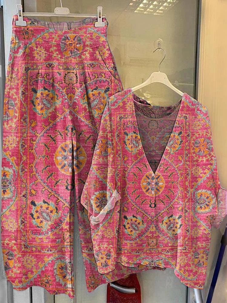 Women's Vintage Ethnic Floral Art Printed V-Neck Top Wide-Leg Pants Cotton Linen Suit