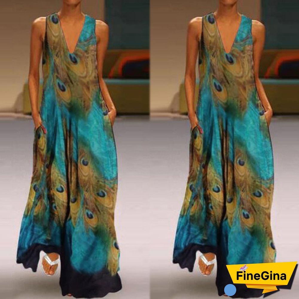 New S-5XL Fashion Flare Swing Maxi Dress Sleeveless Peacock Print Maxi Dresses Summer Bohemian Dresses