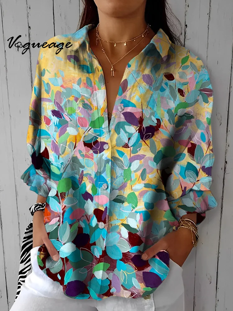 Elegant Charming And Gentle Leaves Printed Cotton And Linen Shirt