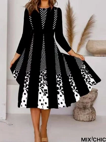 Printed Round Neck Long Sleeve Dress Black Dresses