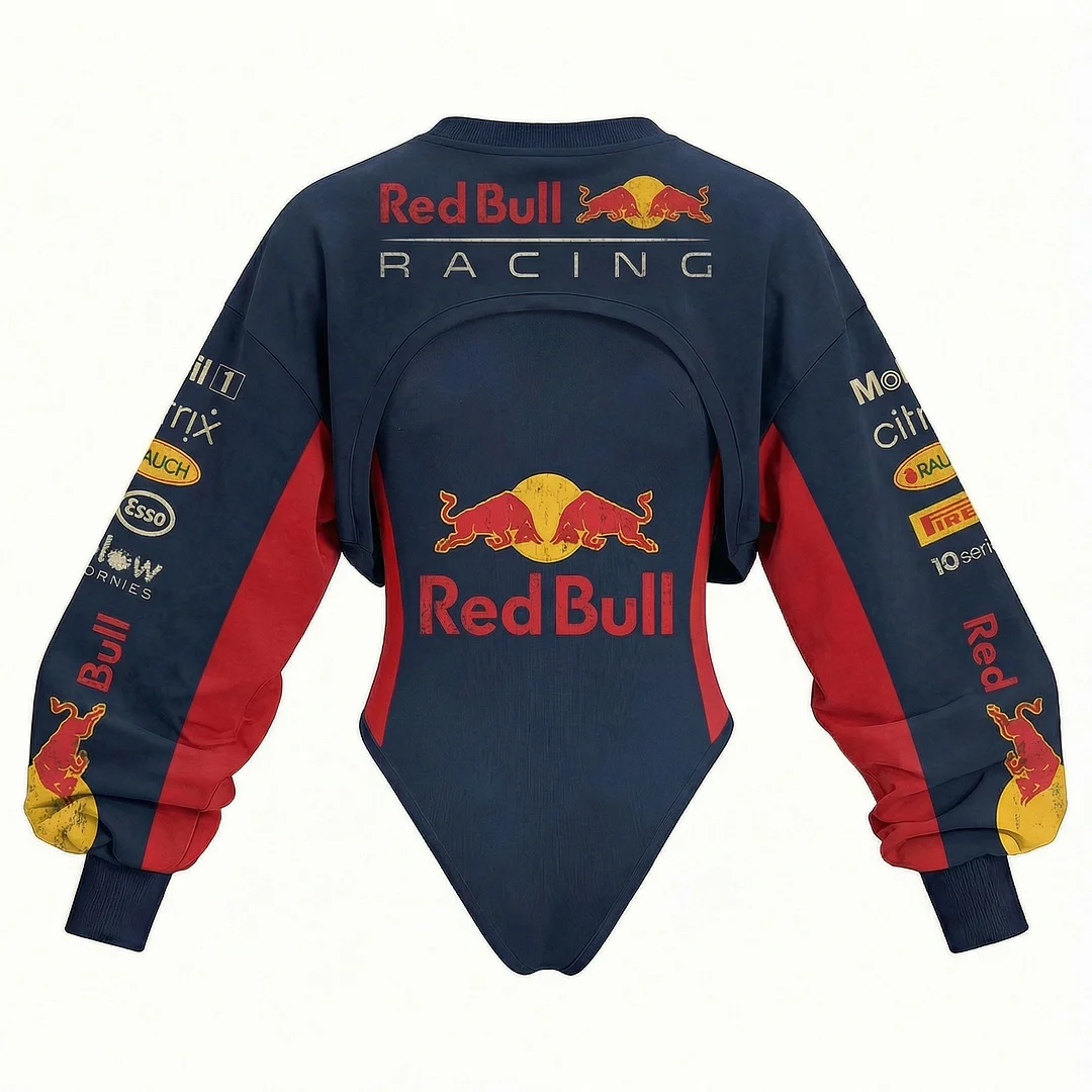 Women's Racing Team Logo Digitally Printed Tights Irregular Sweatshirt Set