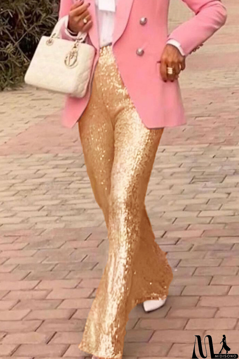 MidiSono - Casual British Style Solid Sequins Loose Low Waist Straight Solid Color Bottoms