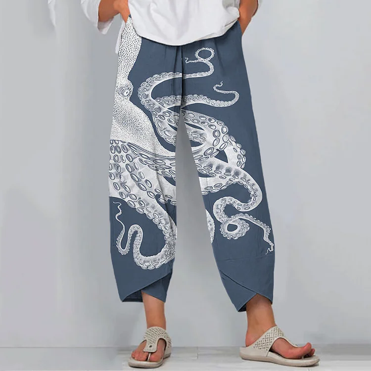 VChics Japanese Art Octopus Print Casual Pants