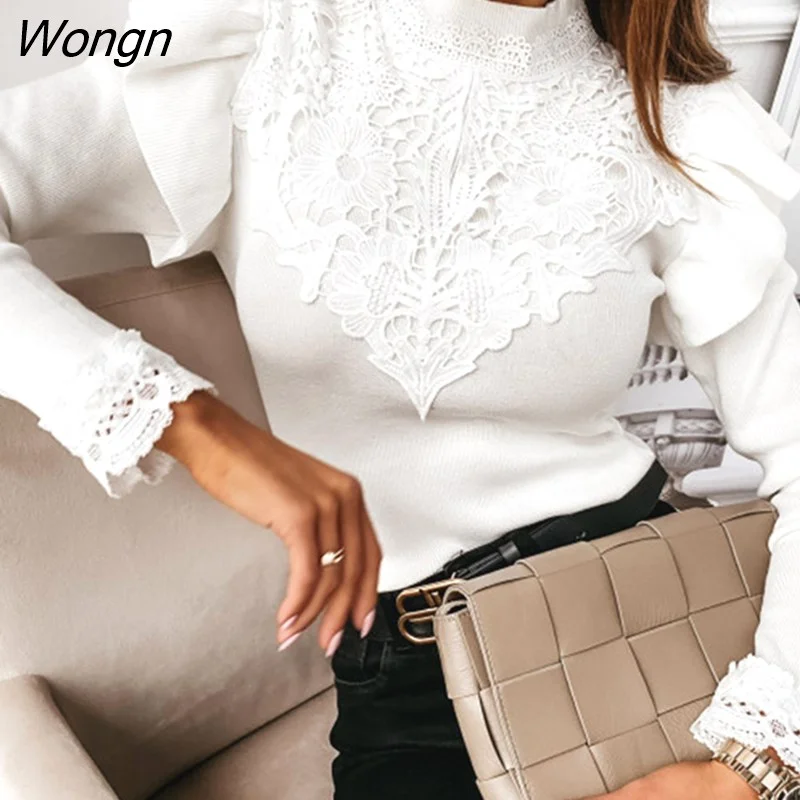 Wongn Women Autumn Solid Lace Patchwork Blouse Shirt Office Ladies Long Butterfly Sleeve Pullover Tops Casual O Neck Female Slim Blusa