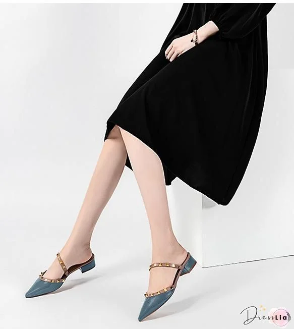 Pointed-toe Solid Color Splicing Studded Buckle Flat Sandals