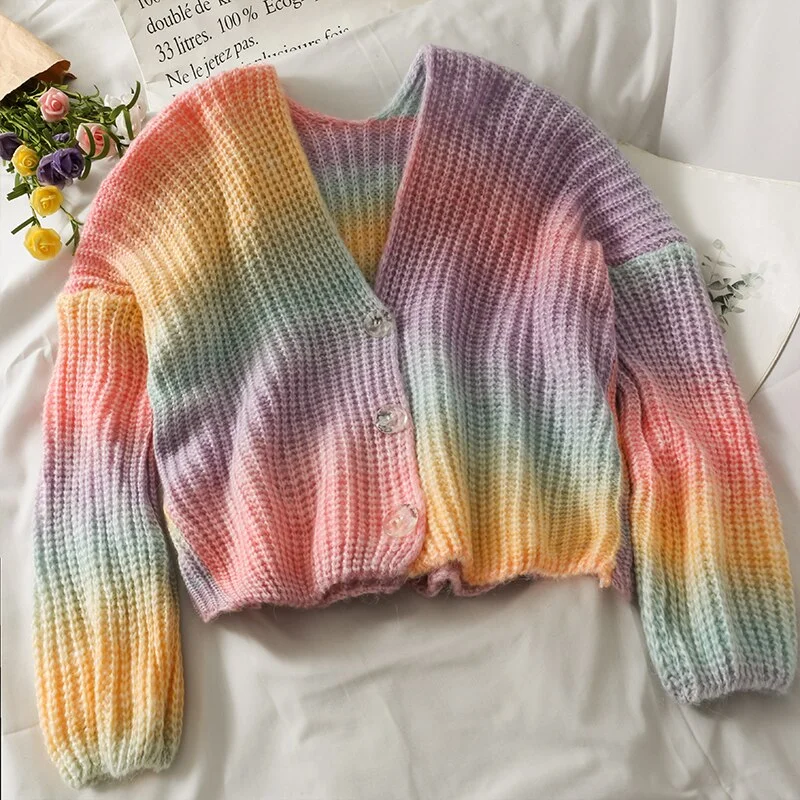Syiwidii New Women Knitted Cardigans Sweater Fashion Autumn Long Sleeve Loose Coat Casual V Neck Patchwork Female Crop Tops 2021