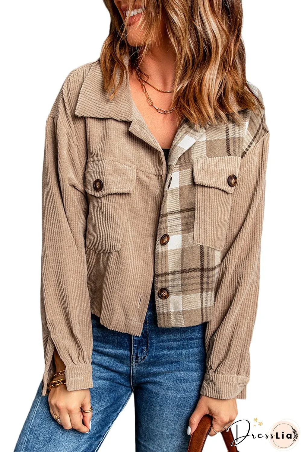 Plaid Corduroy Dropped Shoulder Jacket