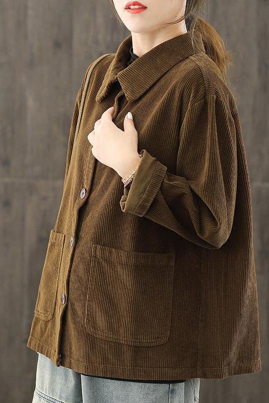 Plus Size - Women Solid Pocket Corduroy Jacket Coat