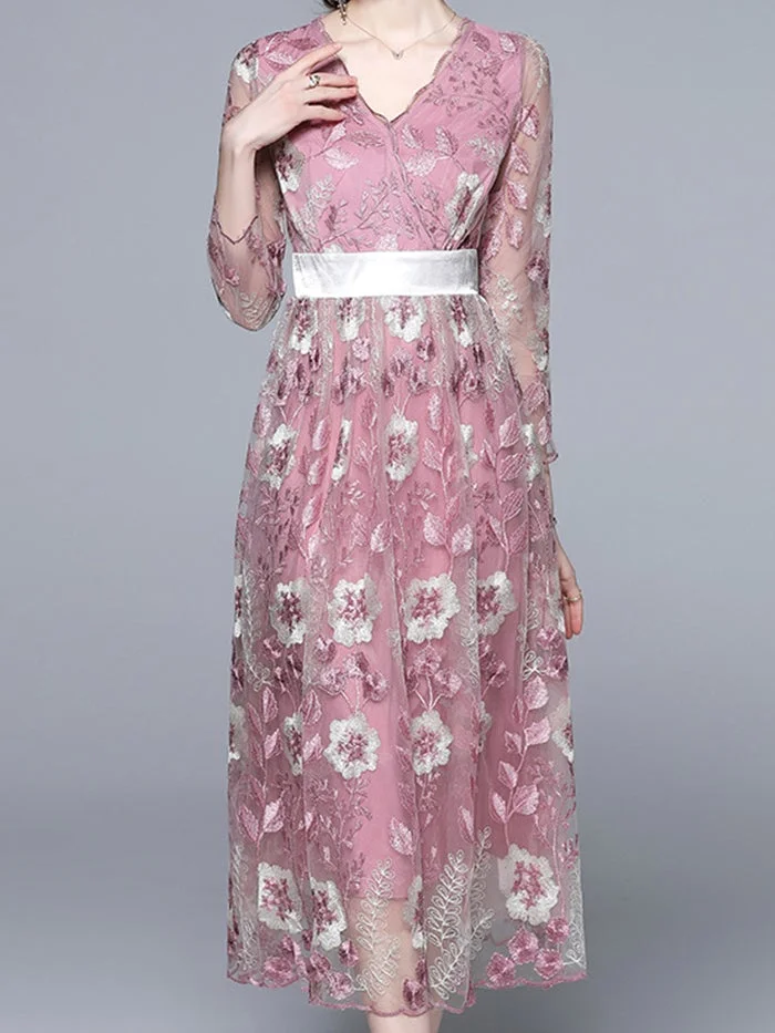 V-neck Mesh Embroidered Floral Dress