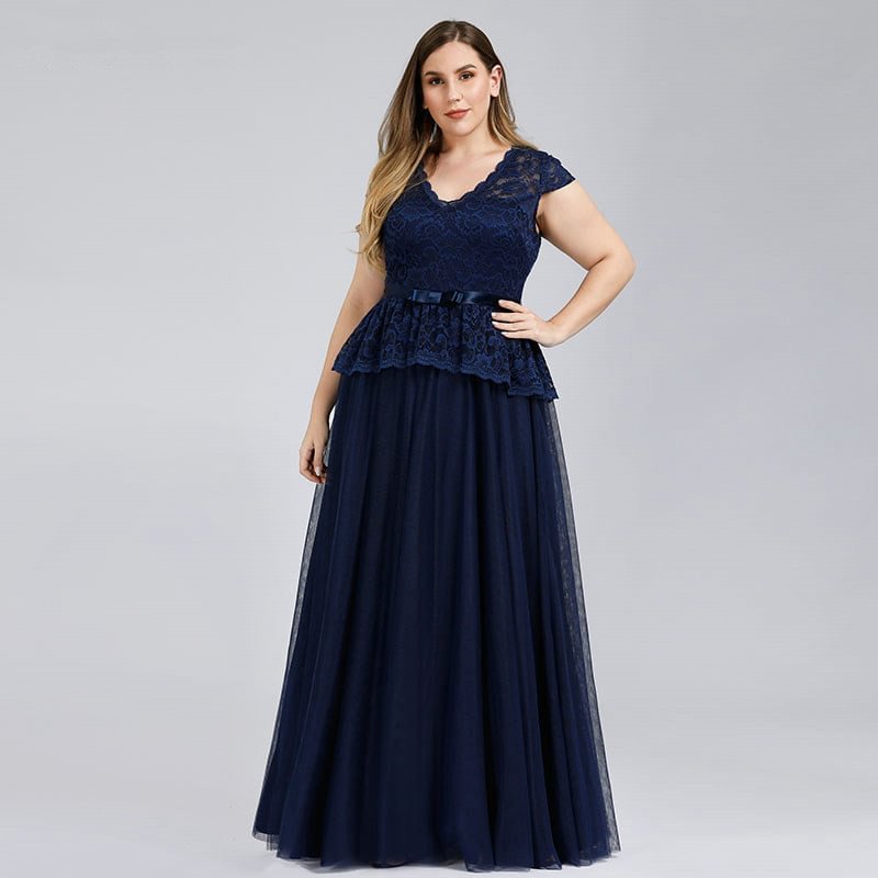 Navy Blue V-Neck Lace Plus Size Dress Online