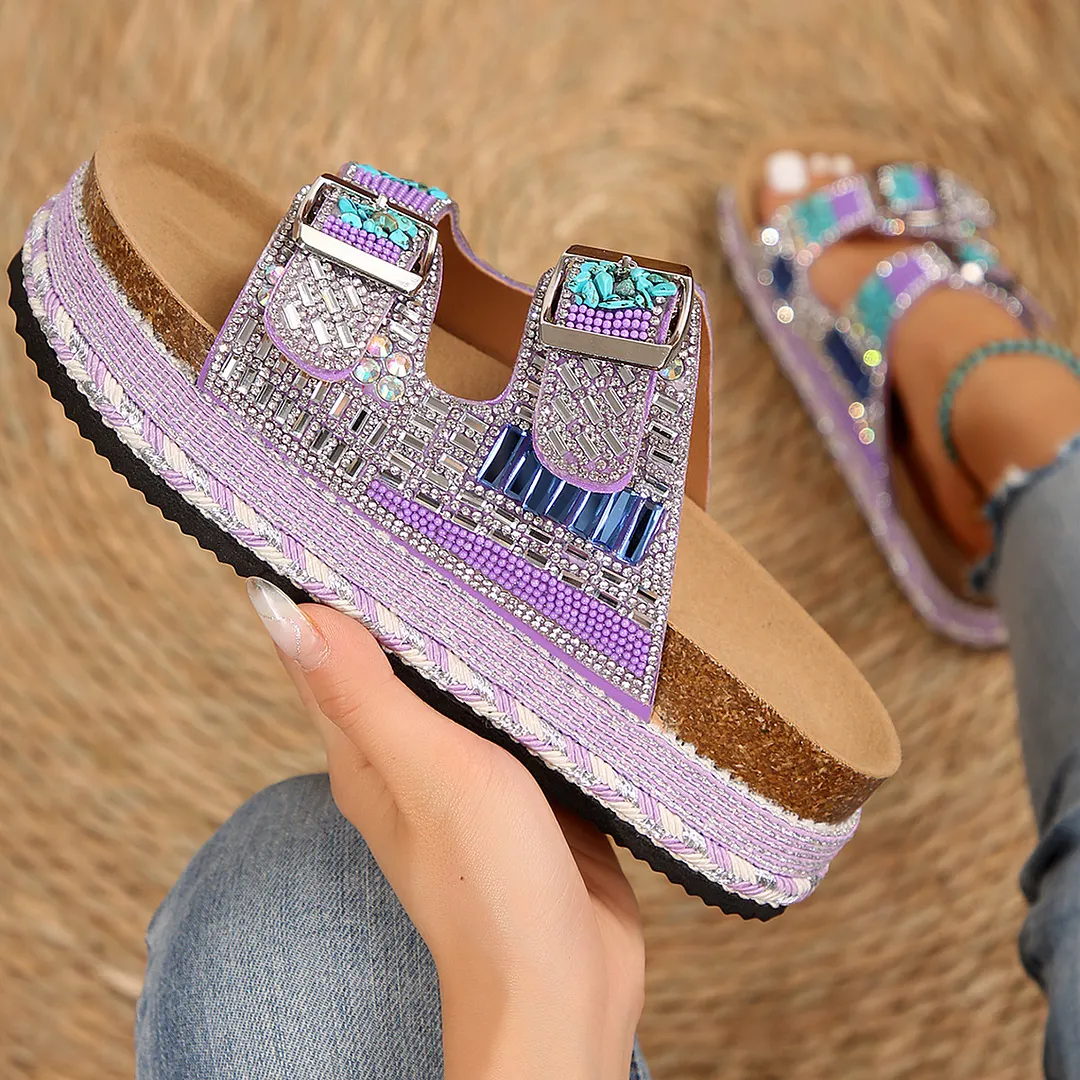 Breakj Breakj New Thick Bottom Rope Double Buckle Drill Softwood Beach Slippers Large Size Women's Shoes