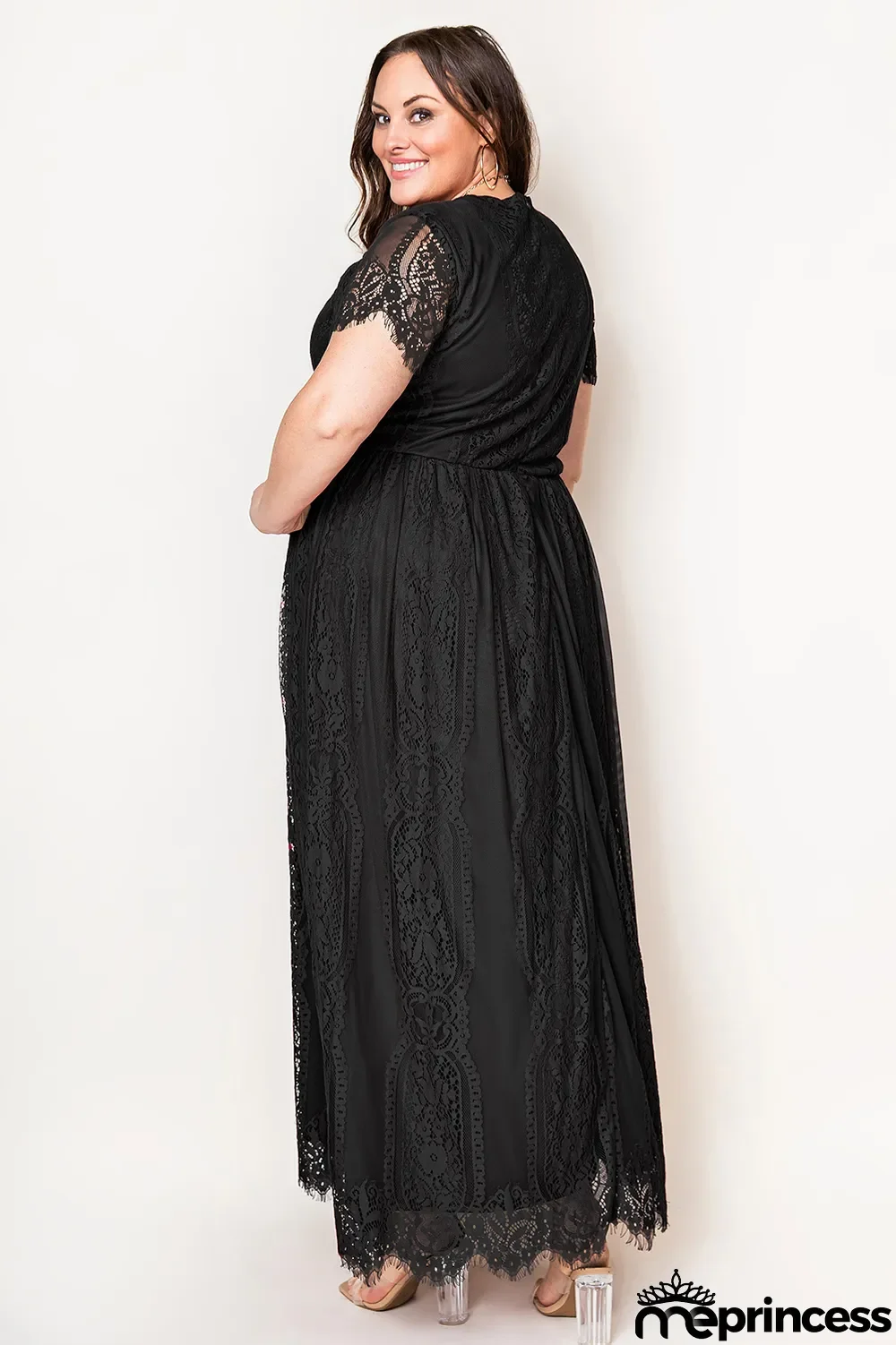 Black Eyelash Lace Short Sleeve Curvy Maxi Dress