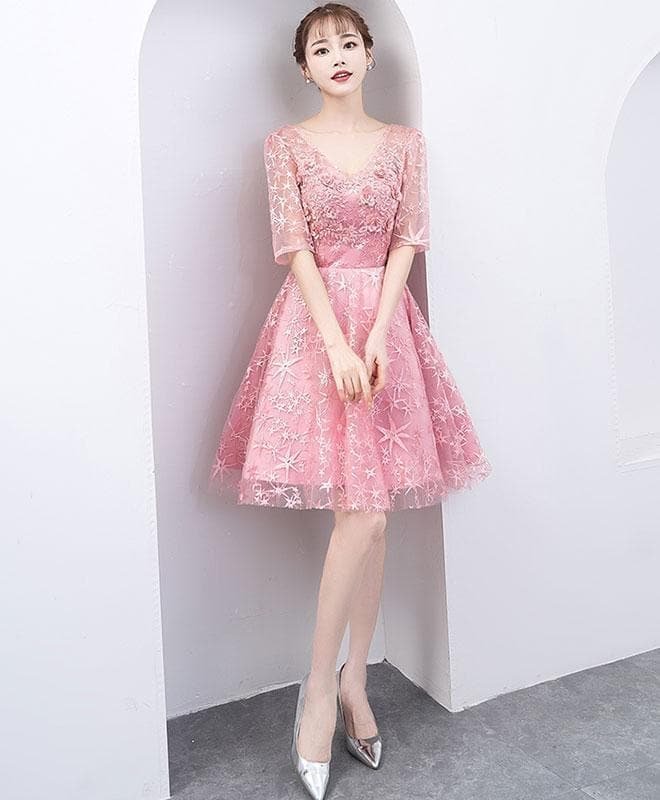Pink Lace Short Prom Dress. Pink Lace Homecoming Dress