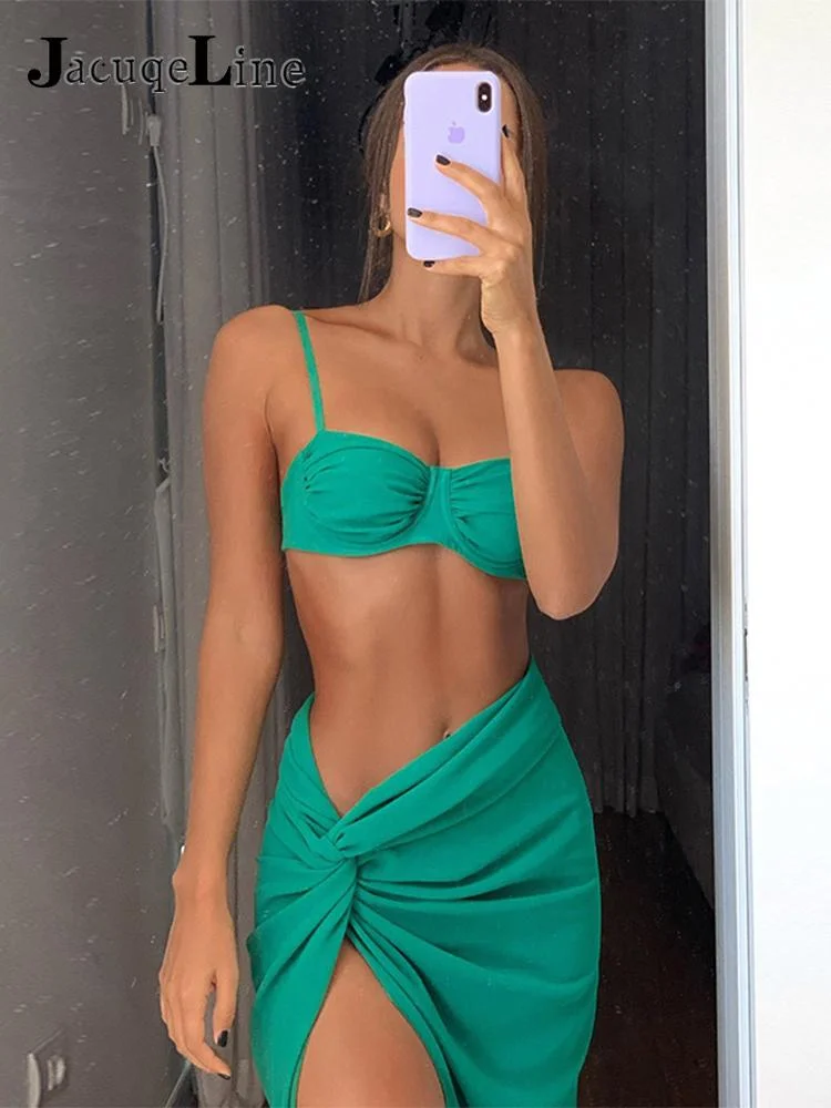 Jacuqeline 2022 Fashion Elegant Sexy Midi Skirts Sets Beach Outfits for Women 2 Piece Crop Tops And Split Dress Set Rave co ord