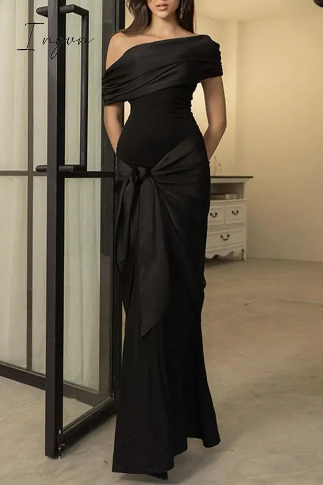 Sexy Formal Solid Mesh Oblique Collar Evening Dresses Black / S Dresses/Party And Cocktail