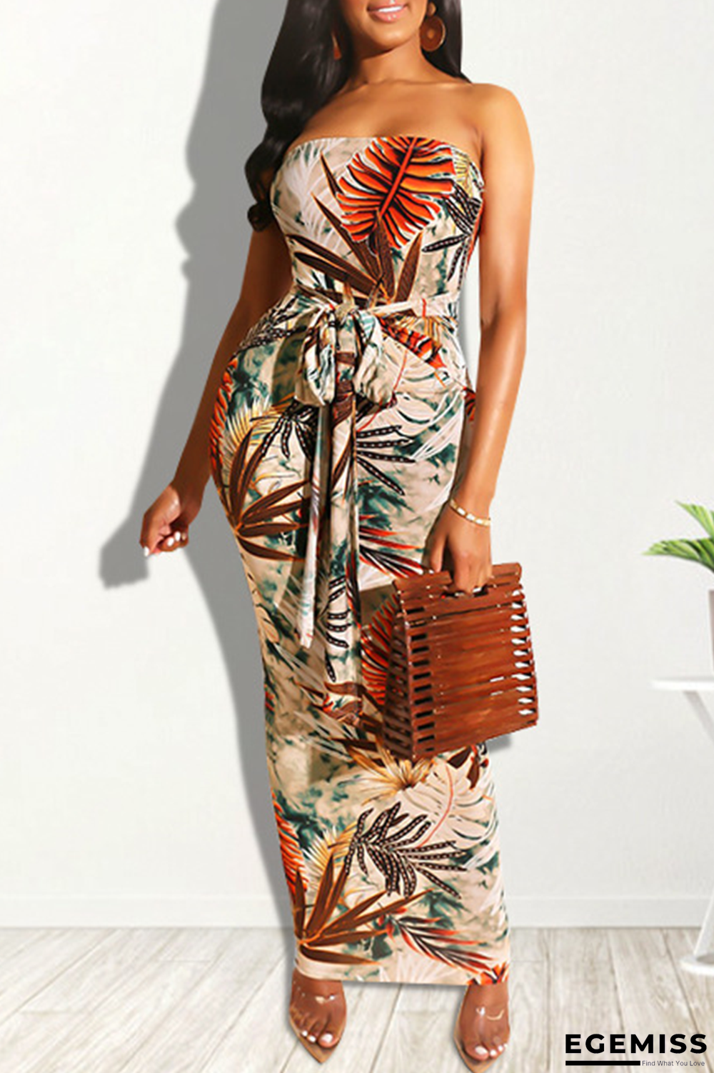 Green Sexy Print Patchwork Strapless Pencil Skirt Dresses | EGEMISS