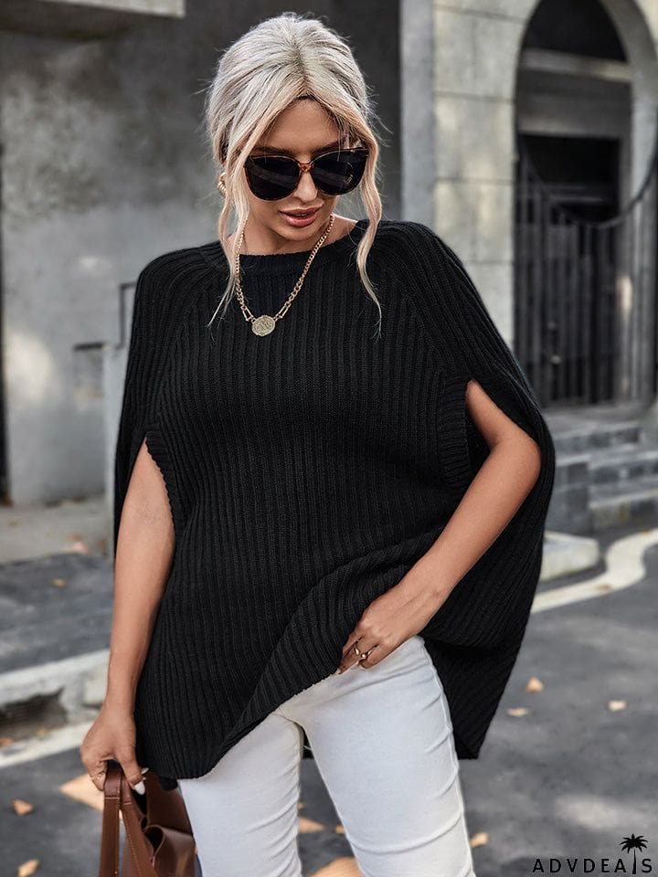 Ribbed Round Neck Slit Sleeve Knit Top
