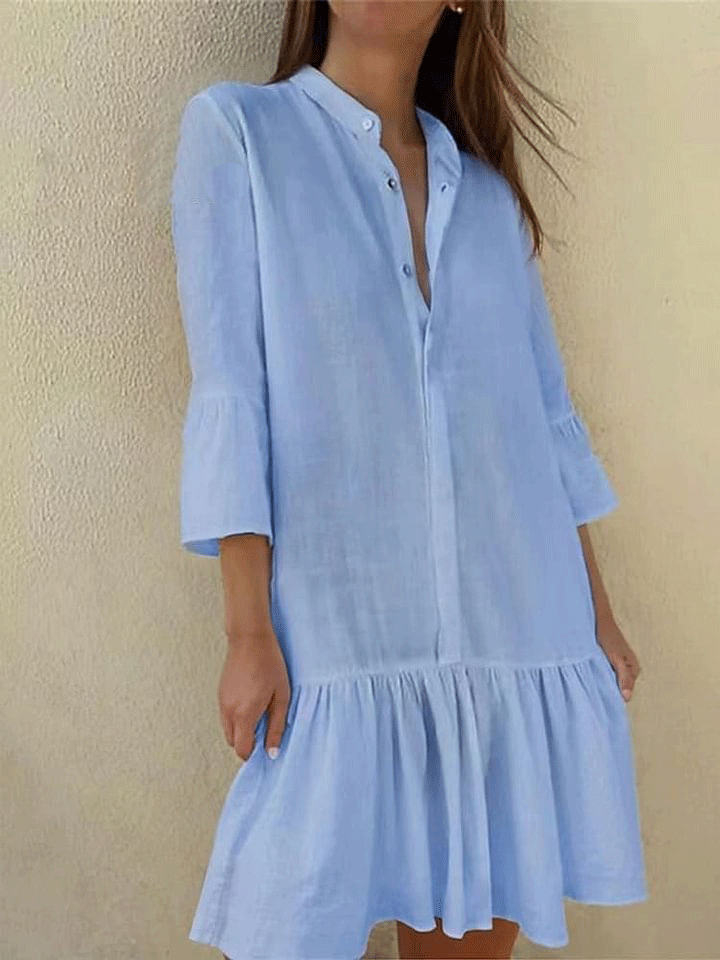 Women's Stand Collar Button Nine-Point Sleeve Shirt Pleated Hem Cotton Dress