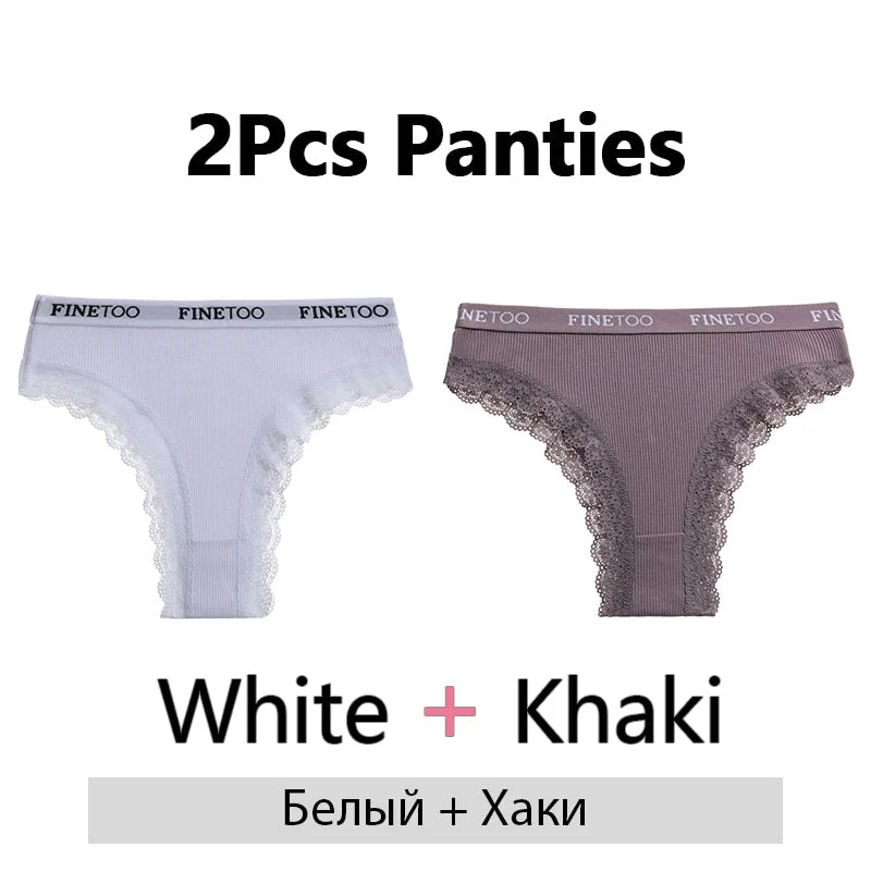 FINETOO 2Pcs/Set Cotton Panties for Women Sexy Ladies Lace G-string Solid Color Thongs Girls Plus Size M-2XL Underwear Lingerie