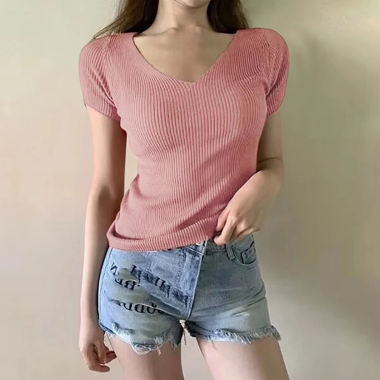 Sexy Women T Shirt Ribbed Knitted V-Neck Short Sleeve Ladies Solid Top Tee Fitness Korean Clothes T Shirt Women Camiseta Mujer