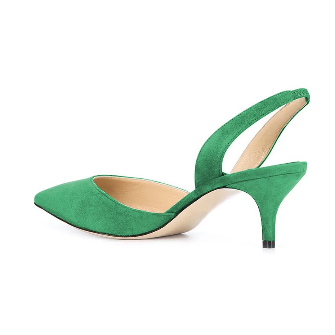 Women's Green Pointed Toe Vegan Suede Dress Slingback Kitten Heels