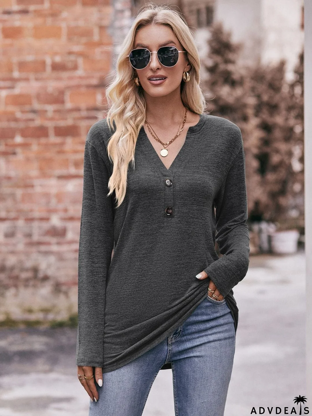 Buttoned Notched Neck Long Sleeve Top