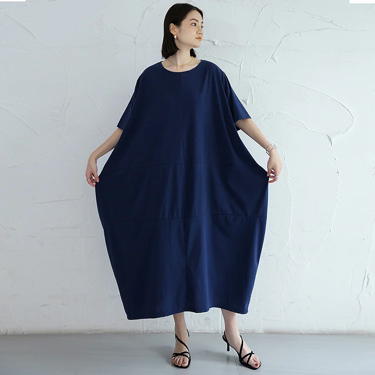 Loose Solid Round Neck Bat Sleeve Maxi Dress With Pocket