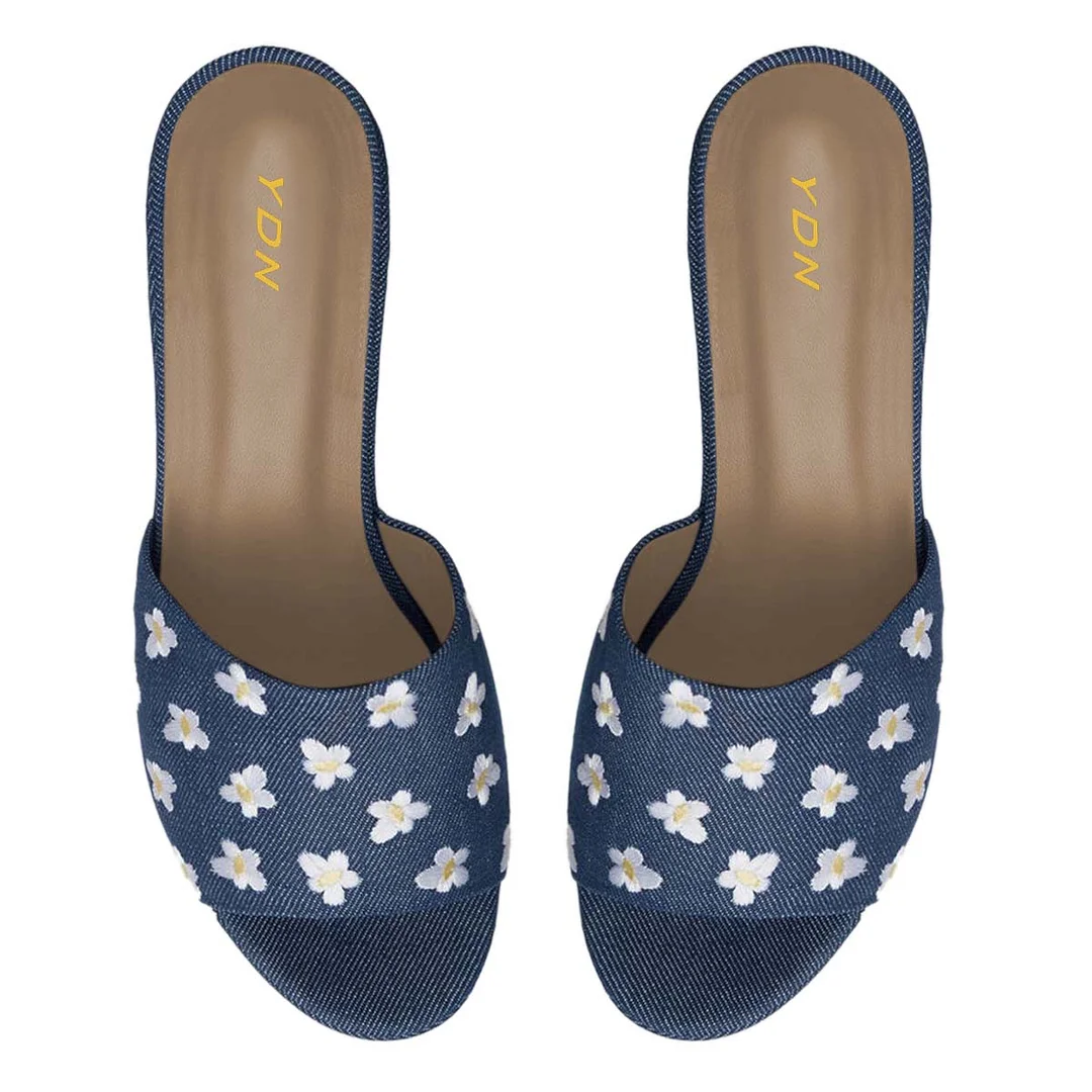 Blue Denim Open Toe Mules White Flower Embroidery Platform Sandals