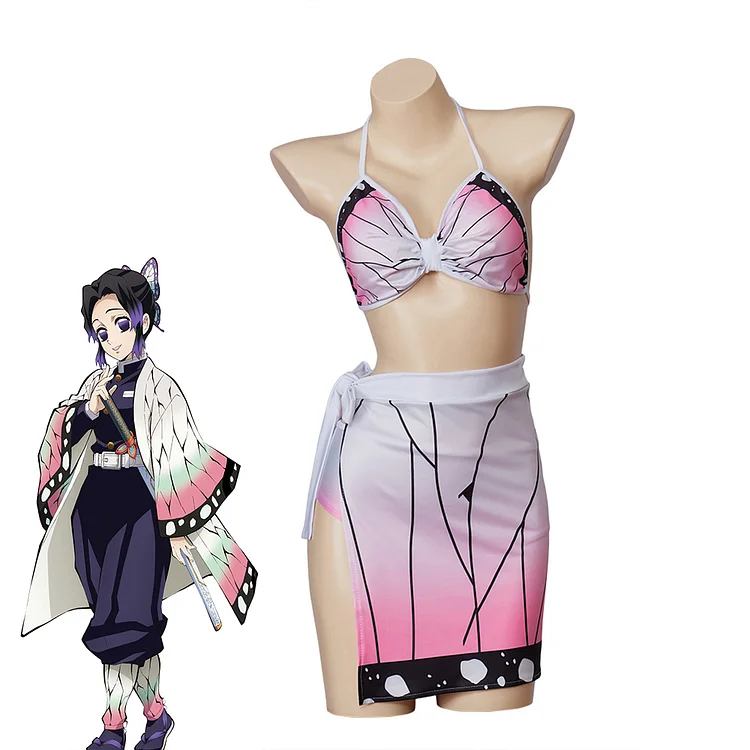Demon Slayer Women's Kochou Shinobu Sexy Bikini Suit Swimwear Cosplay Costume