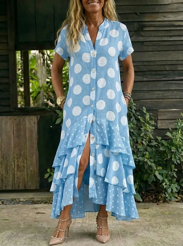 Women&rsquo;s Polka Dot Short-sleeve Top With Ruffled Hem And Button Maxi Dress