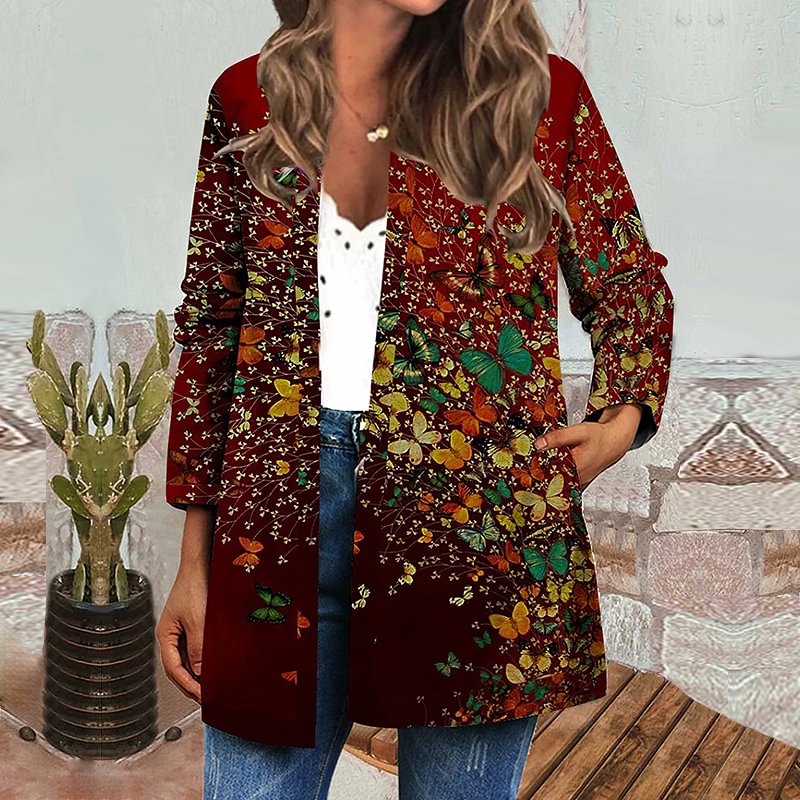 Retro Ethnic Butterflies Print Women Cardigan Jacket