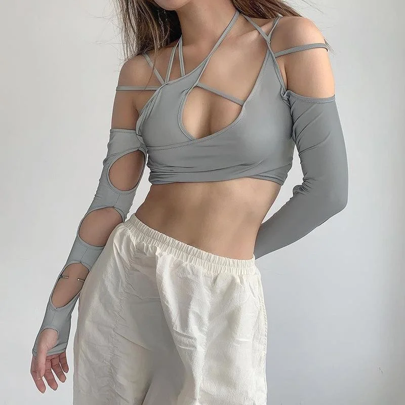 Uveng Uveng New Summer Women's Wear Solid Color Sling Hanging Neck Exposed Navel Exposed Back Sleeve Female Jacket