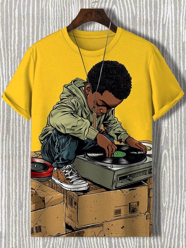 Men's Retro Vinyl Record Childhood Comic Art Print Casual T-Shirt