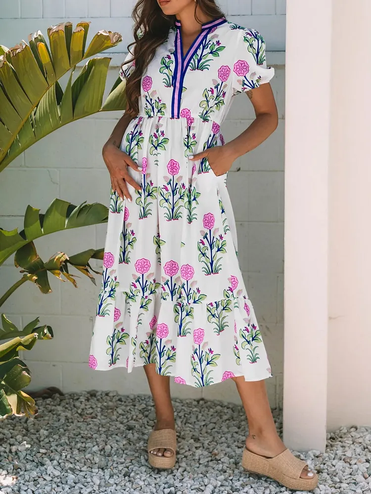 Printed Short Sleeve Midi Dress with Pockets