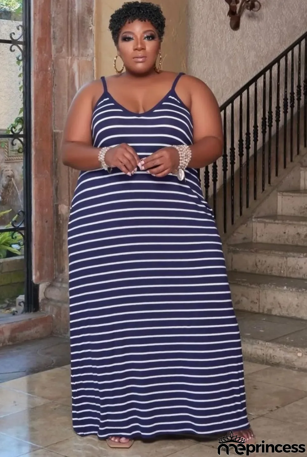 Women Summer Blue Casual Strap Sleeveless Striped Print Maxi Loose Plus Size Casual Dress