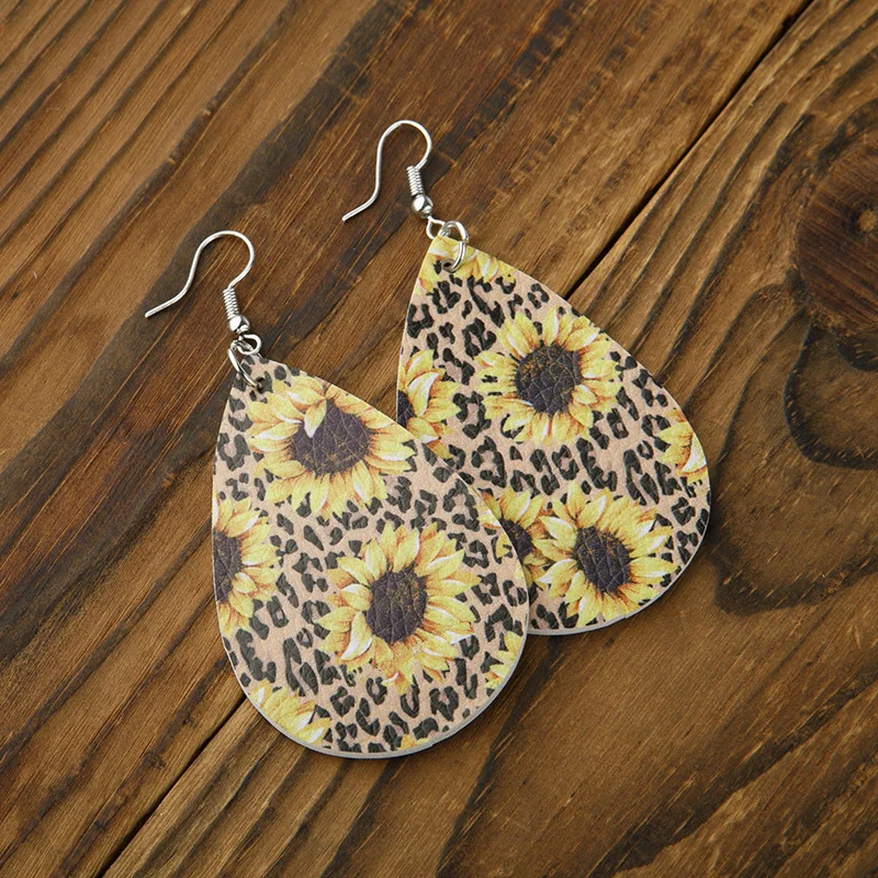 Leopard sunflower leather Earrings