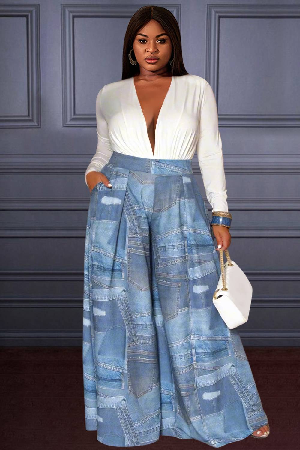 Design Plus Size Daily Pants Casual Blue All Over Print Long Spring Summer Pocket Wide Leg Pants [Pre-Order]