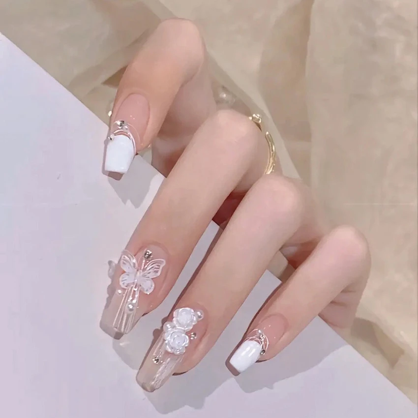 Bayuyun 24Pcs/Set Coffee Leopard French Fake Nails with Diamonds Japan Korean Artificial Acrylic Press on Nails Removable Stick on Nails