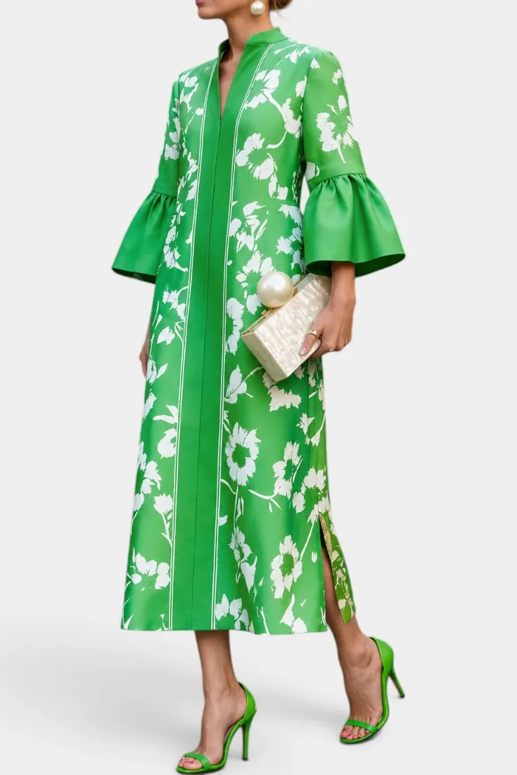 Graphic Floral Midi Dress with Flared Sleeves