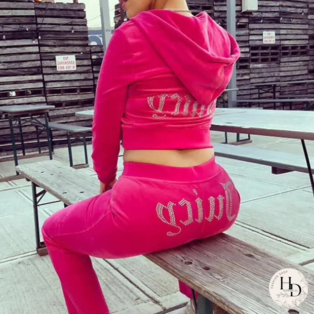 Autumn Casual High Street Velvet Suits Women Fashion Rhinestones Printed Letter Loose Hoodies + Long Pants Tracksuit 2 Piece Set