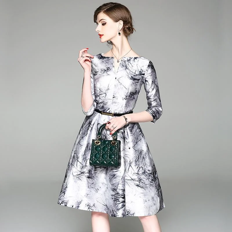 A-line satin print dress with belt